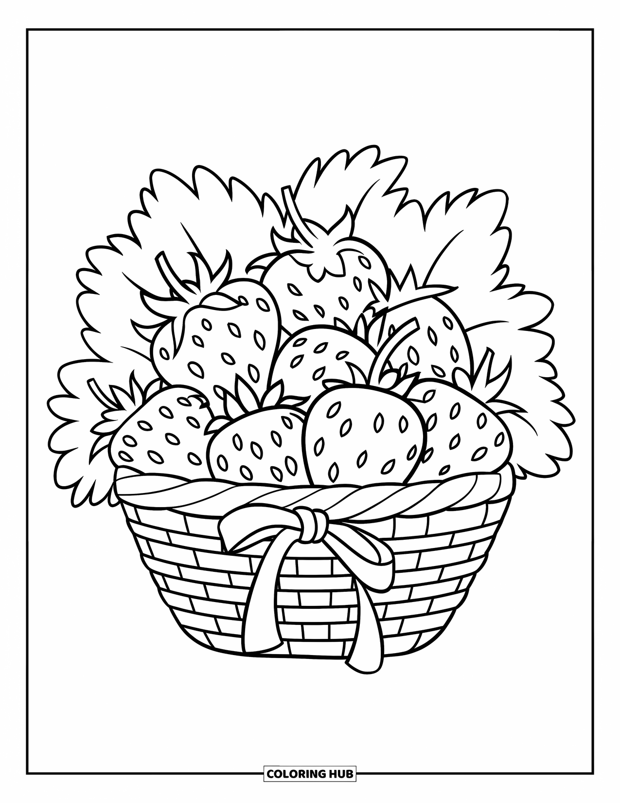 Desenho de Morango para Colorir para Crianças: Uma cesta de morangos tecida com folhas detalhadas e uma fita amarrada