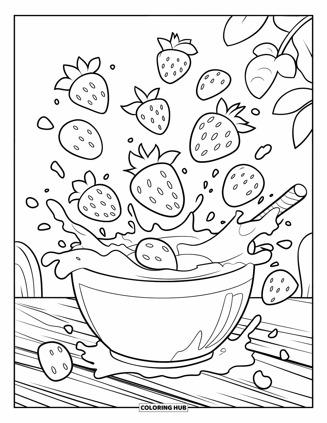 Desenho de Morango para Colorir para Crianças: Morangos de vários tamanhos caindo em uma tigela de leite, com gotas voando ao redor