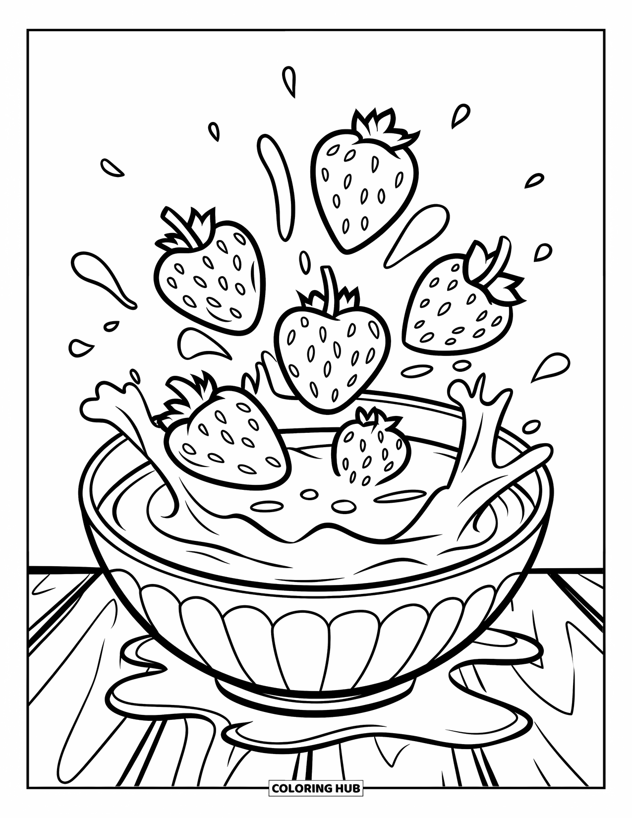 Desenho de Morango para Colorir para Crianças: Morangos caindo em uma tigela de leite, criando gotas lúdicas ao redor deles