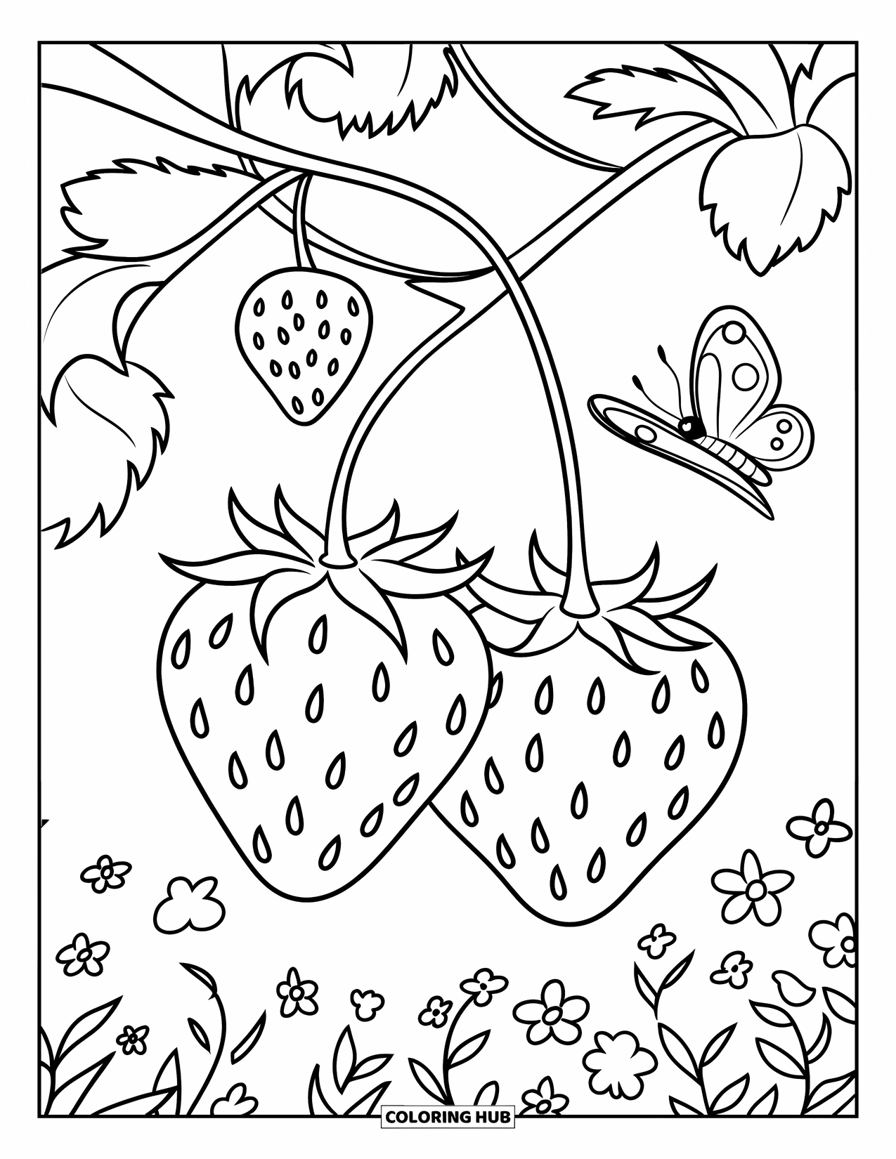 Desenho de Morango para Colorir para Crianças: Dois morangos pendurados em um ramo, com uma borboleta descansando por perto