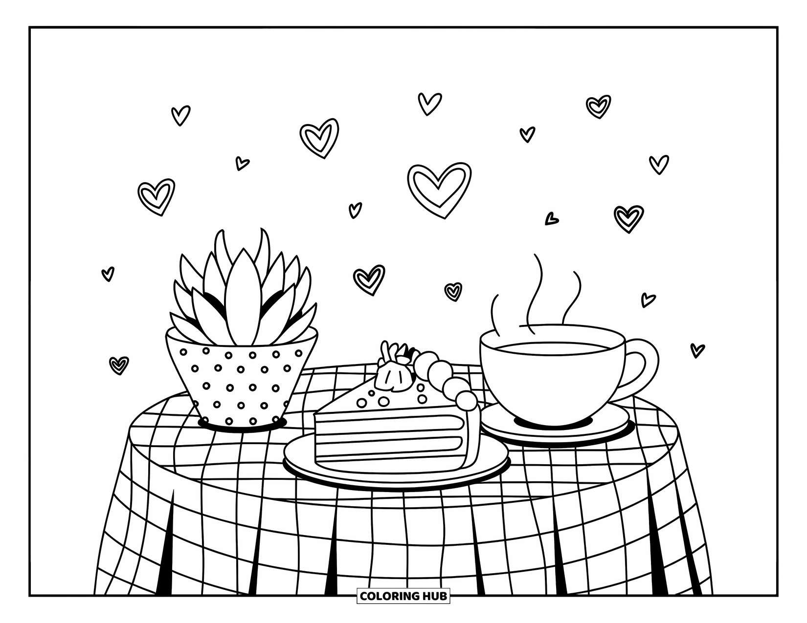 Desen de colorat cu suculente pentru adulți: O masă de cafenea cu o suculentă cu buline, o felie de tort și o ceașcă de ceai confortabilă