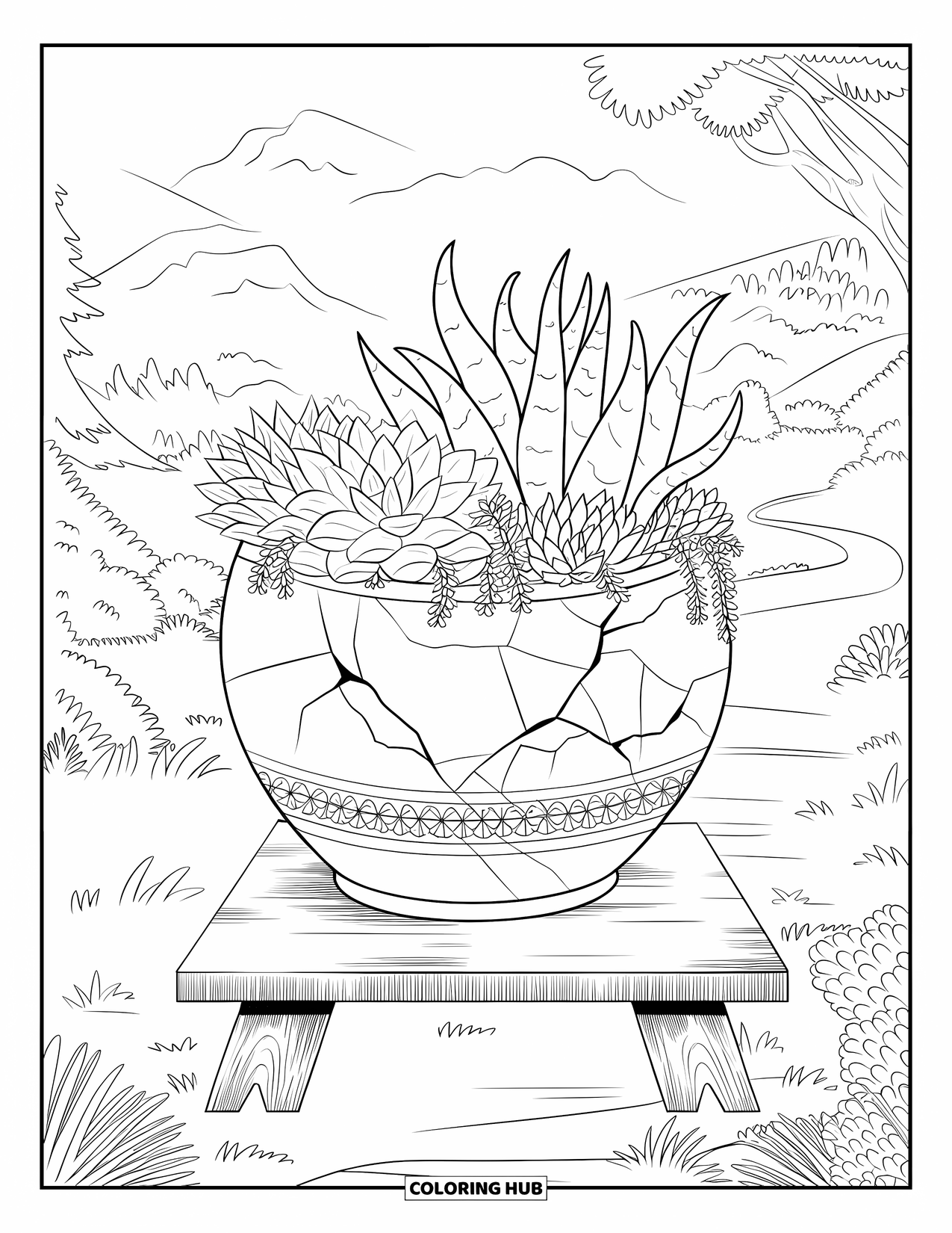 Desen de colorat cu suculente pentru adulți: Un ghiveci sculptat, plin cu suculente, stă pe un suport de lemn într-un peisaj senin