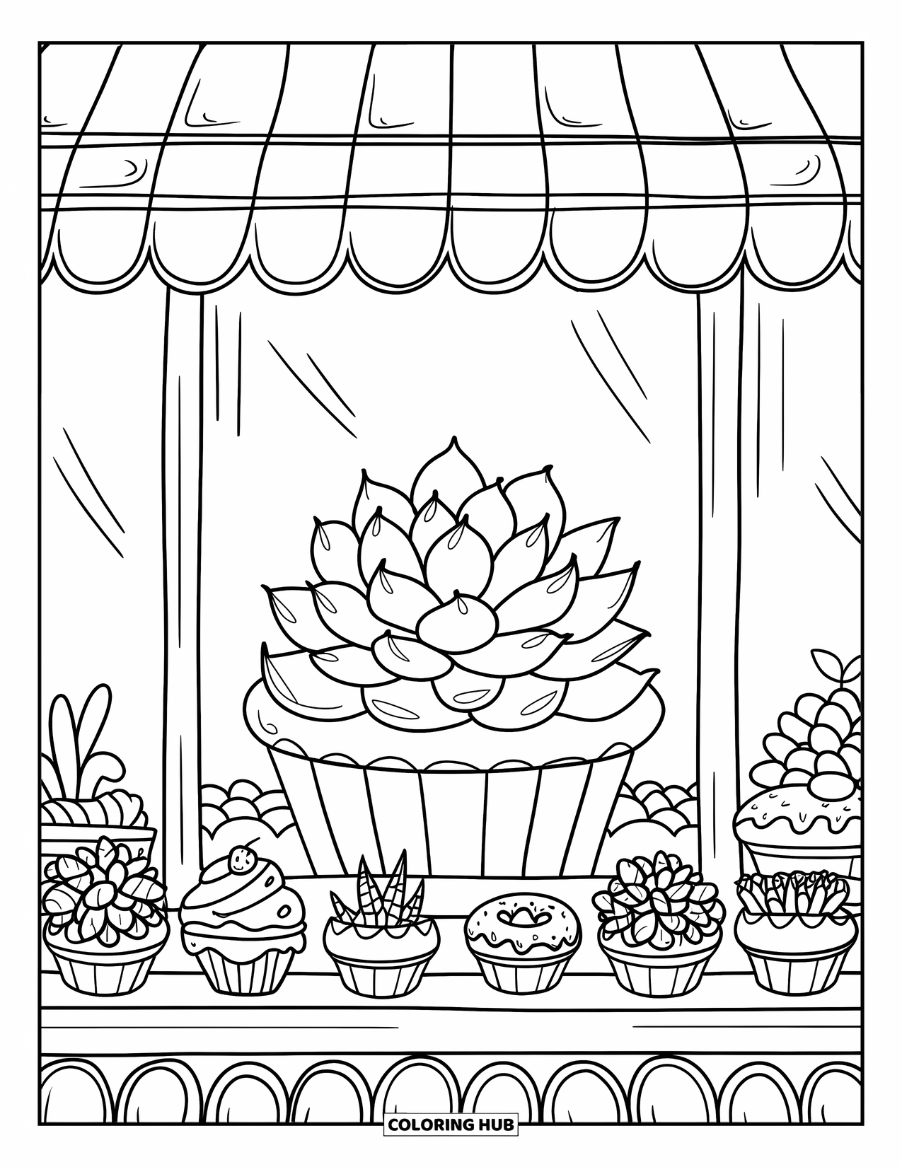 Desen de colorat cu suculente pentru adulți: O suculentă veselă stă într-un ghiveci în formă de brioșă în interiorul unei vitrine de brutărie