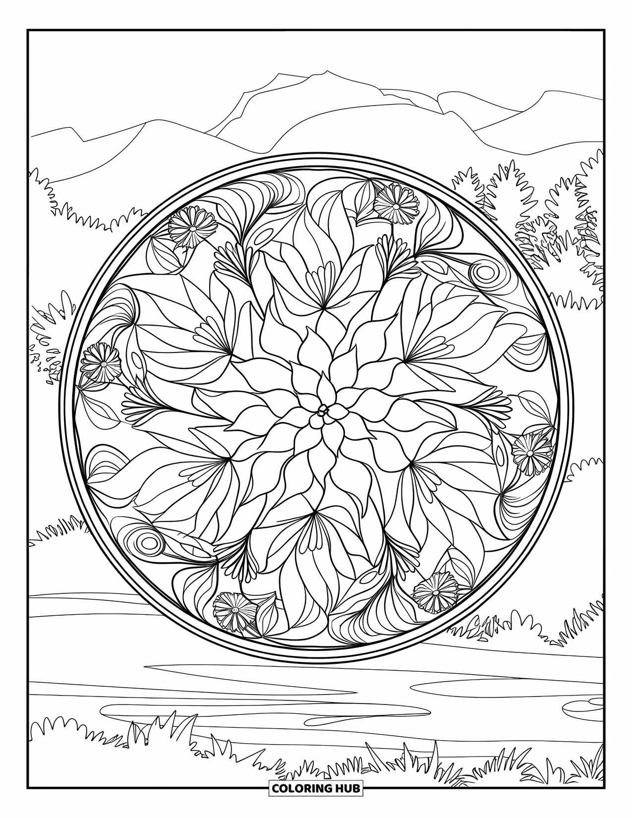 Desen de colorat cu suculente pentru adulți: O mandala circulară cu suculente, elemente florale și frunze spiralate creează un model relaxant