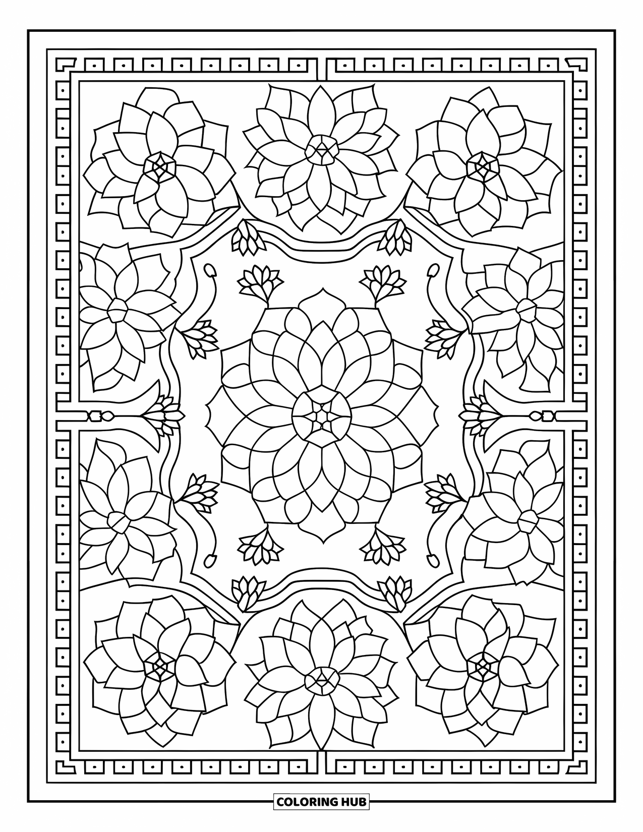 Desen de colorat cu suculente pentru adulți: Un model circular de suculente cu modele simetrice repetate umple spațiul cu echilibru artistic