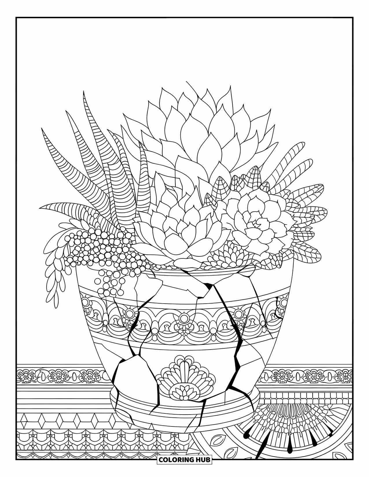 Desen de colorat cu suculente pentru adulți: O colecție de suculente crește într-un ghiveci crăpat, sculptat complicat, pe o suprafață texturată