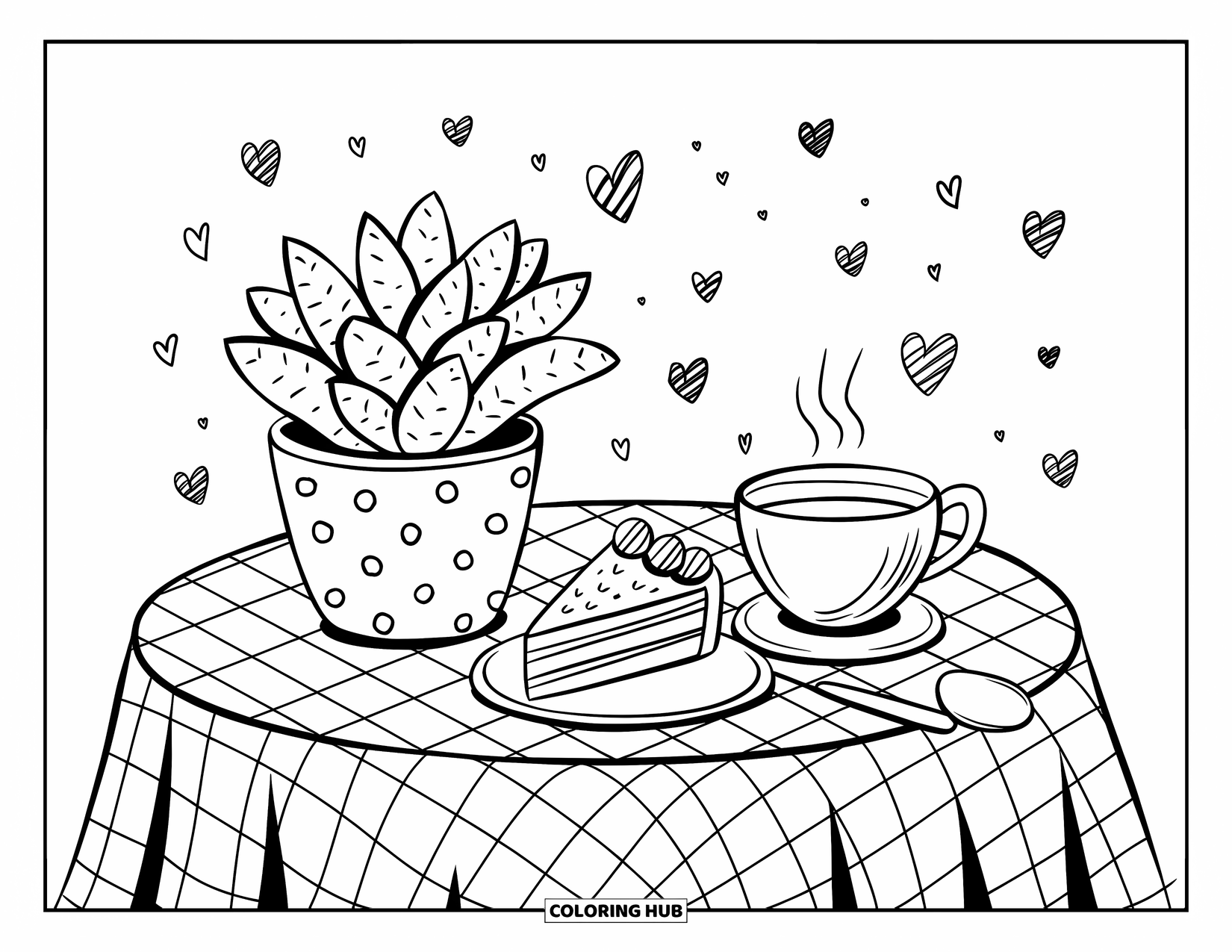 Desen de colorat cu suculente pentru adulți: O masă confortabilă de cafenea ține o suculentă, o ceașcă de ceai și o felie delicioasă de tort