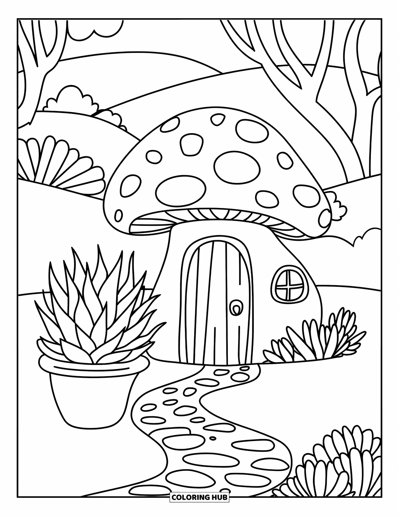 Desen de colorat cu suculente pentru adulți: O casă confortabilă de zâne suculente se află printre ciuperci mici și plante jucăușe