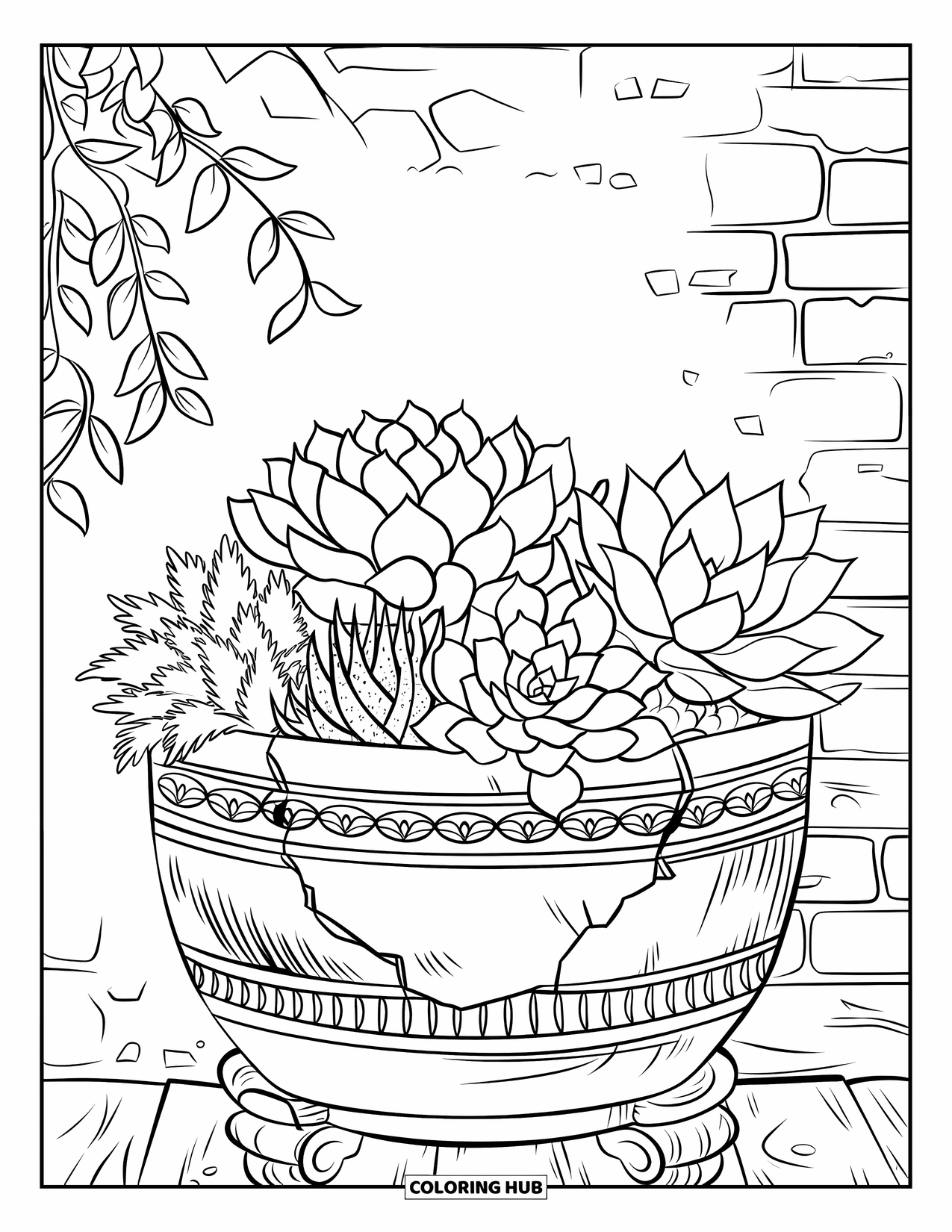 Desen de colorat cu suculente pentru adulți: Un ghiveci antic crăpat, cu sculpturi ornamentale, abundă în suculente pe un suport rustic de lemn