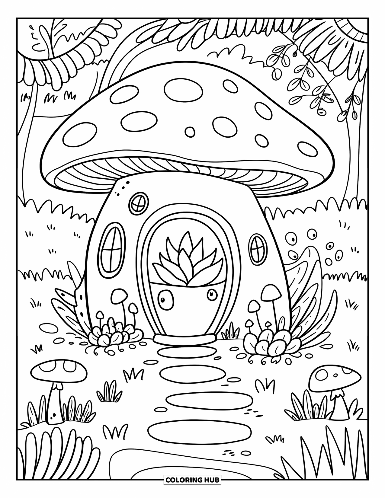 Desen de colorat cu suculente pentru adulți: O casă de ciuperci de basm cu suculente și ferestre mici se află de-a lungul unei poteci de piatră