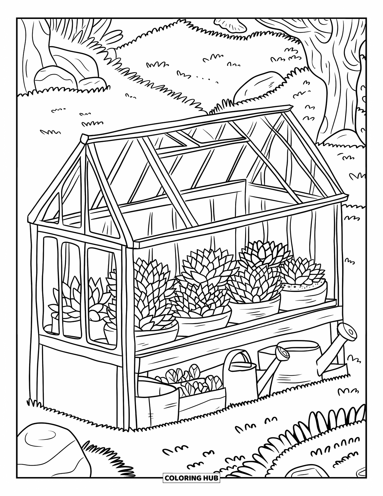 Desen de colorat cu suculente pentru adulți: O seră plină cu suculente, pachete de semințe și unelte de grădinărit se află într-un peisaj senin