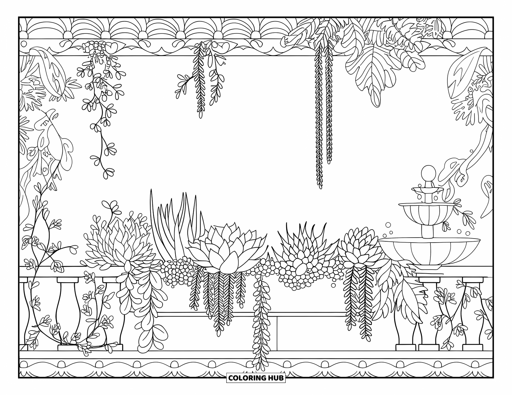 Desen de colorat cu suculente pentru adulți: O grădină luxoasă pe balcon cu suculente, viță de vie și o fântână mică are vedere la o priveliște pitorească