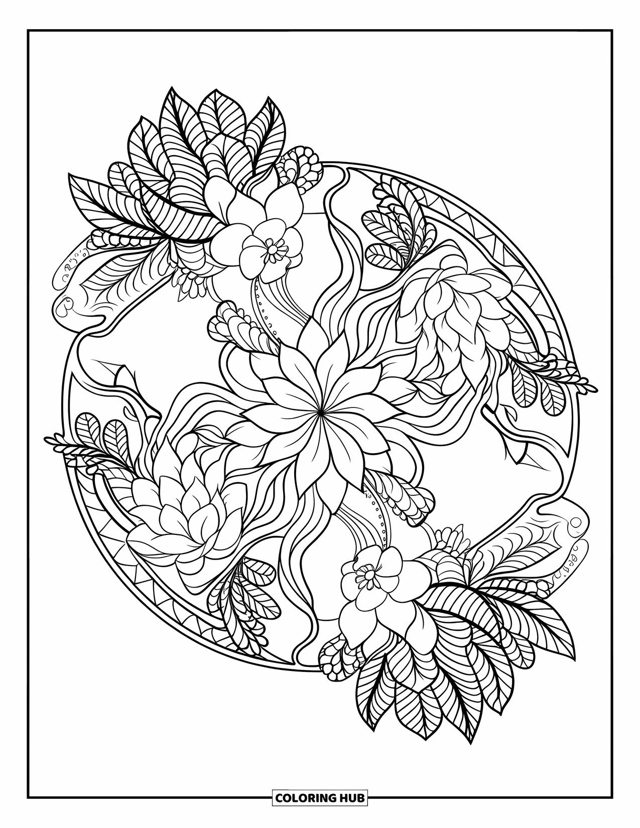 Desen de colorat cu suculente pentru adulți: Un design mandala cu suculente împletite, frunze spiralate și elemente florale formează un cerc