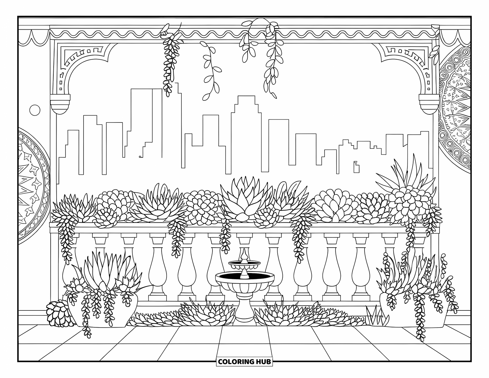 Desen de colorat cu suculente pentru adulți: O grădină pașnică pe balcon cu suculente și viță de vie se sprijină pe un orizont al orașului