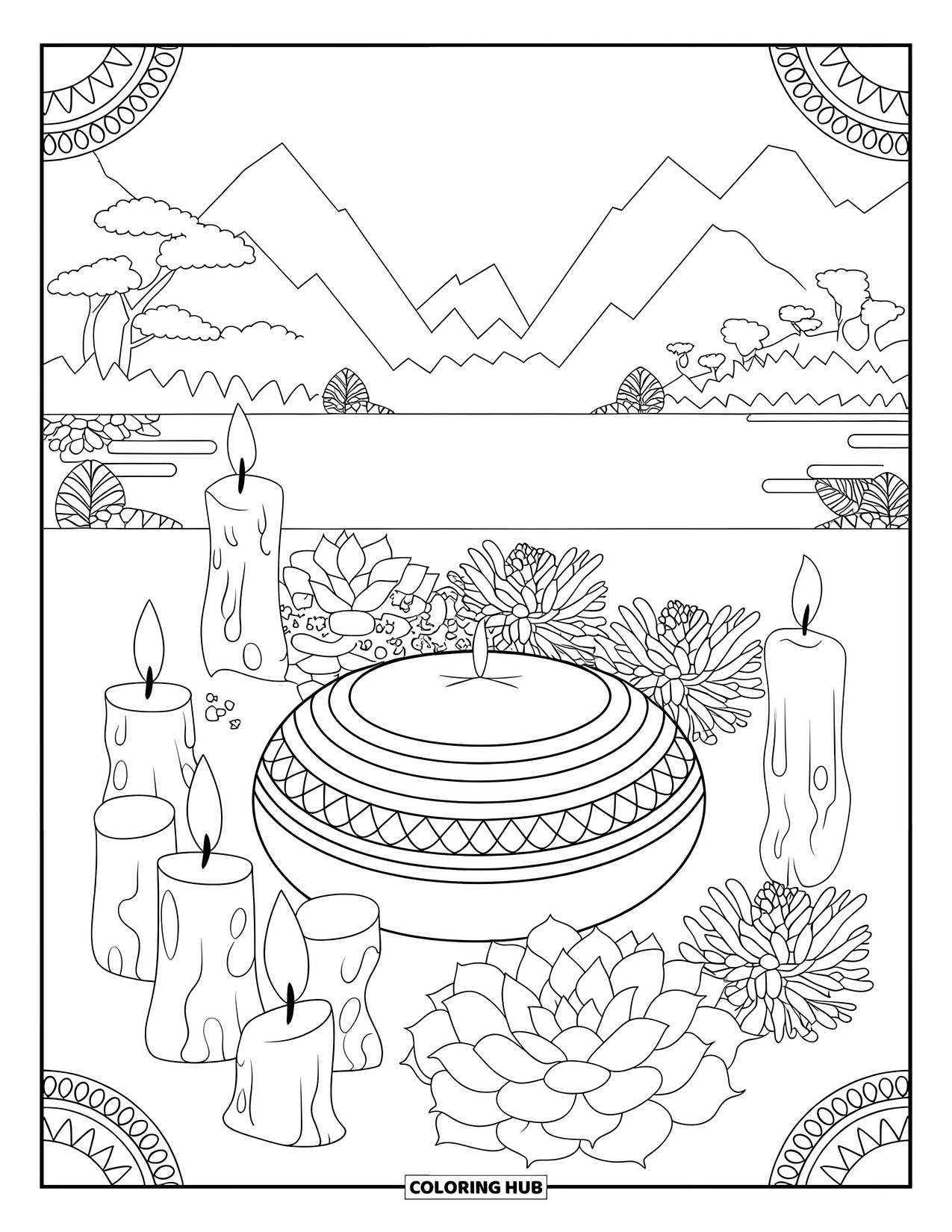 Desen de colorat cu suculente pentru adulți: O scenă pașnică de meditație cu suculente, lumânări și pietre zen stă într-un peisaj liniștit