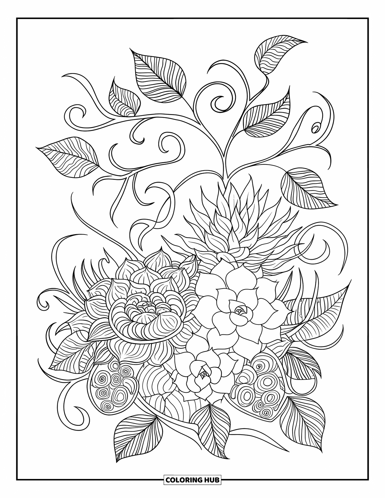 Desen de colorat cu suculente pentru adulți: Un aranjament de suculente în ghiveci, cu linii complicate și viță de vie ondulată, se află pe o suprafață de lemn