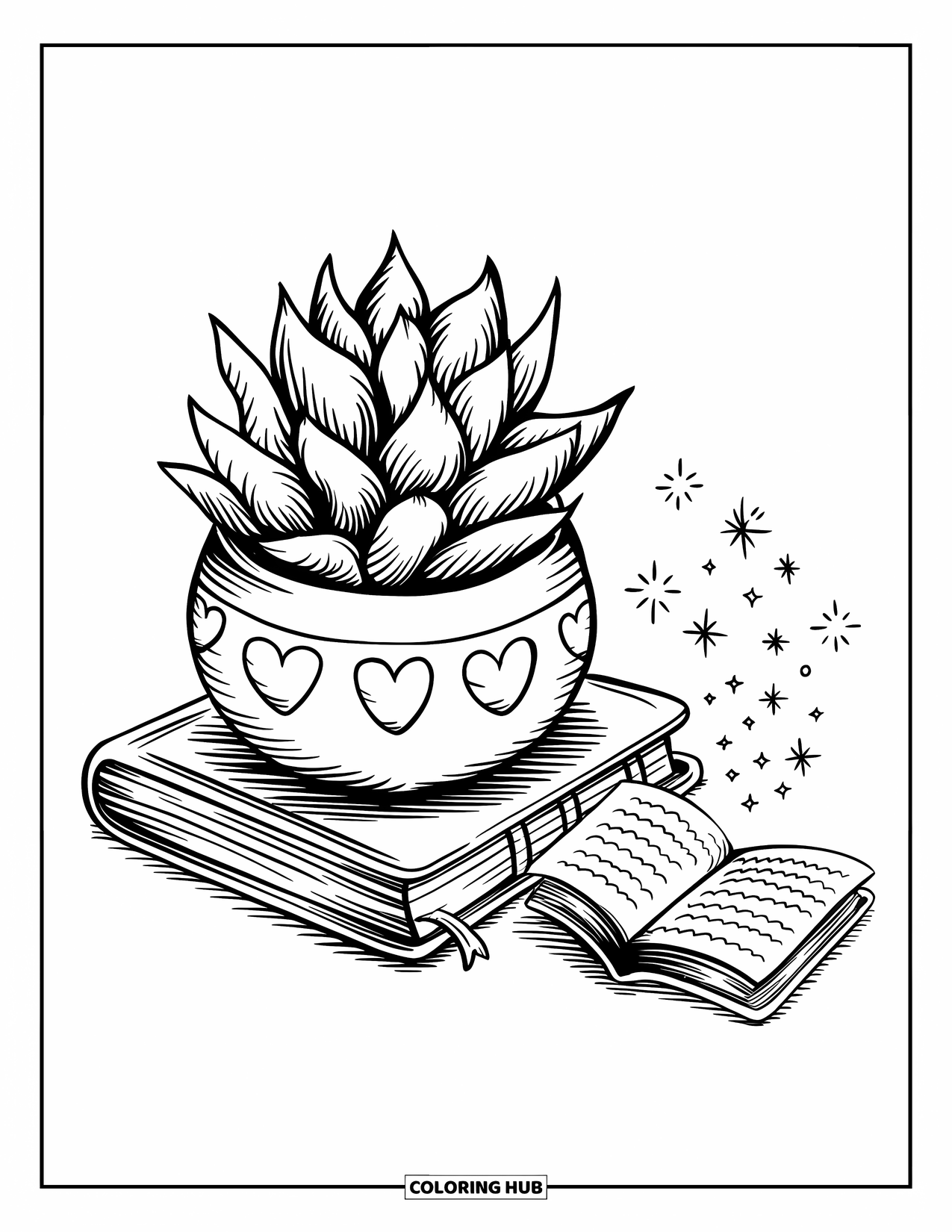 Desen de colorat cu suculente pentru adulți: Un ghiveci rotund cu gravuri în formă de inimă ține o suculentă zâmbitoare cocoțată pe o stivă de cărți