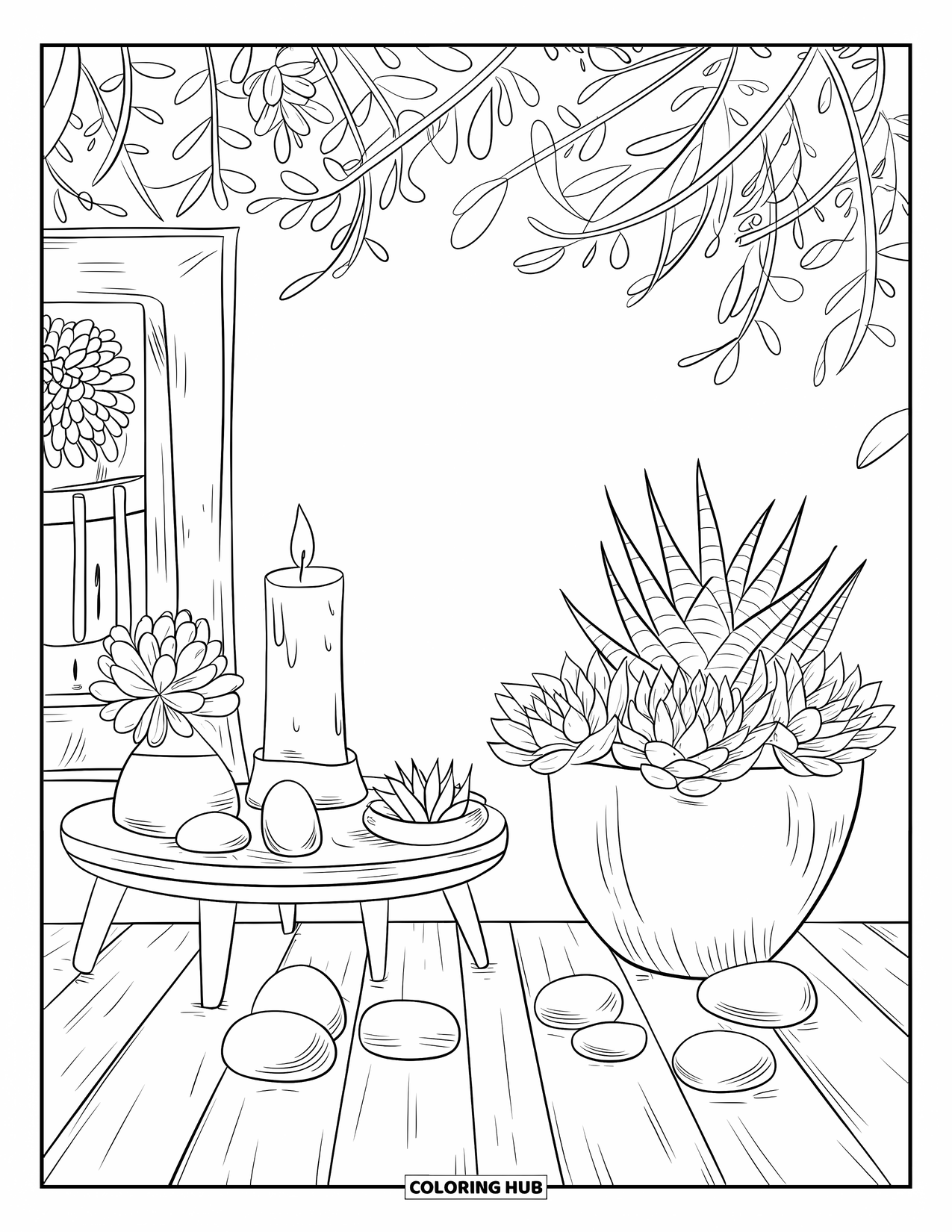 Desen de colorat cu suculente pentru adulți: Un spațiu senin de meditație cu o lumânare, suculente și pietre zen se află pe o podea de lemn