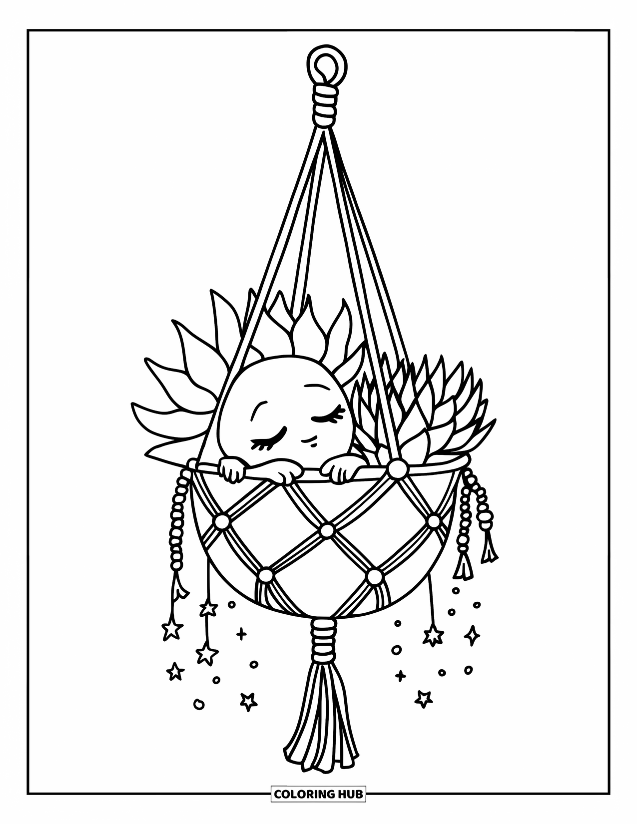 Desen de colorat cu suculente pentru adulți: O suculentă adormită se cuibărește într-un ghiveci suspendat țesut, înconjurată de stele și mărgele atârnate