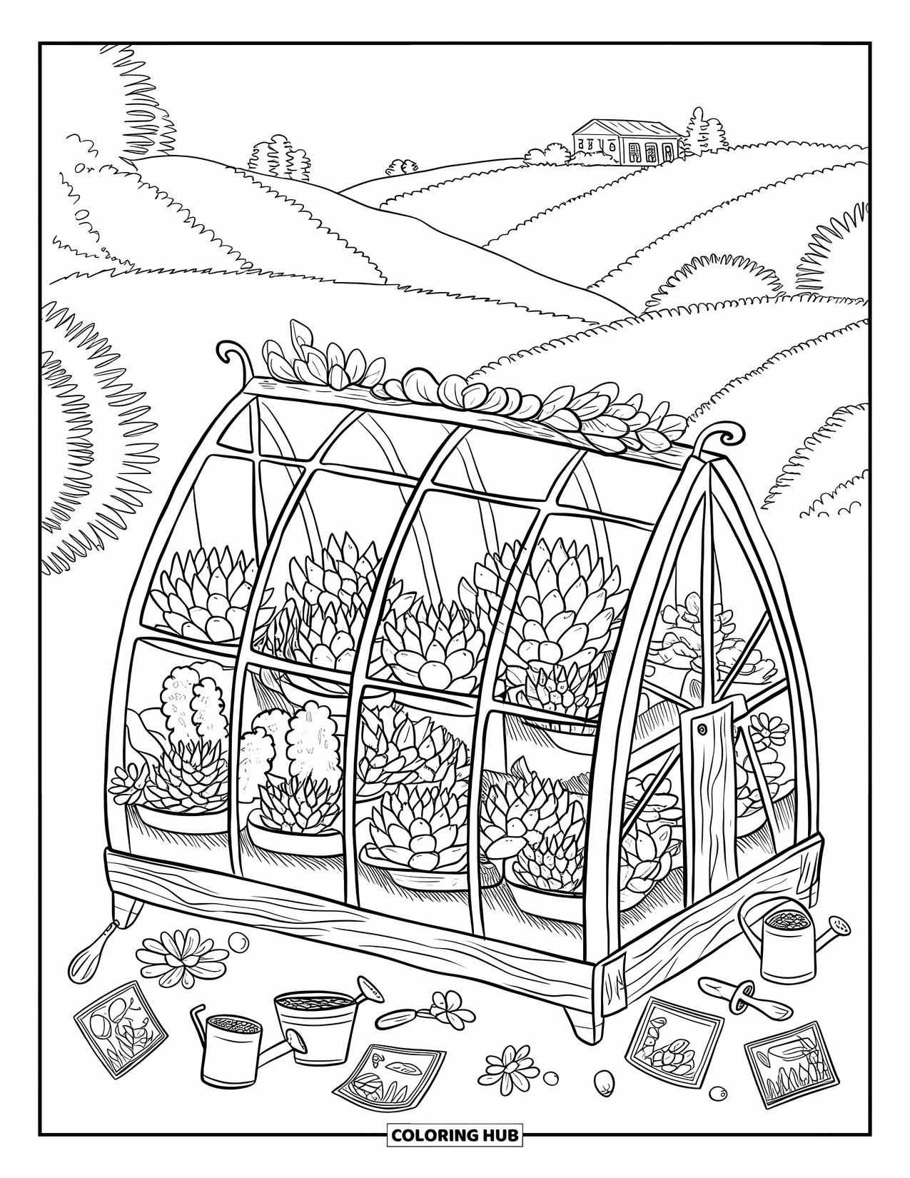 Desen de colorat cu suculente pentru adulți: O seră mică de sticlă găzduiește suculente vesele și unelte de grădinărit în miniatură