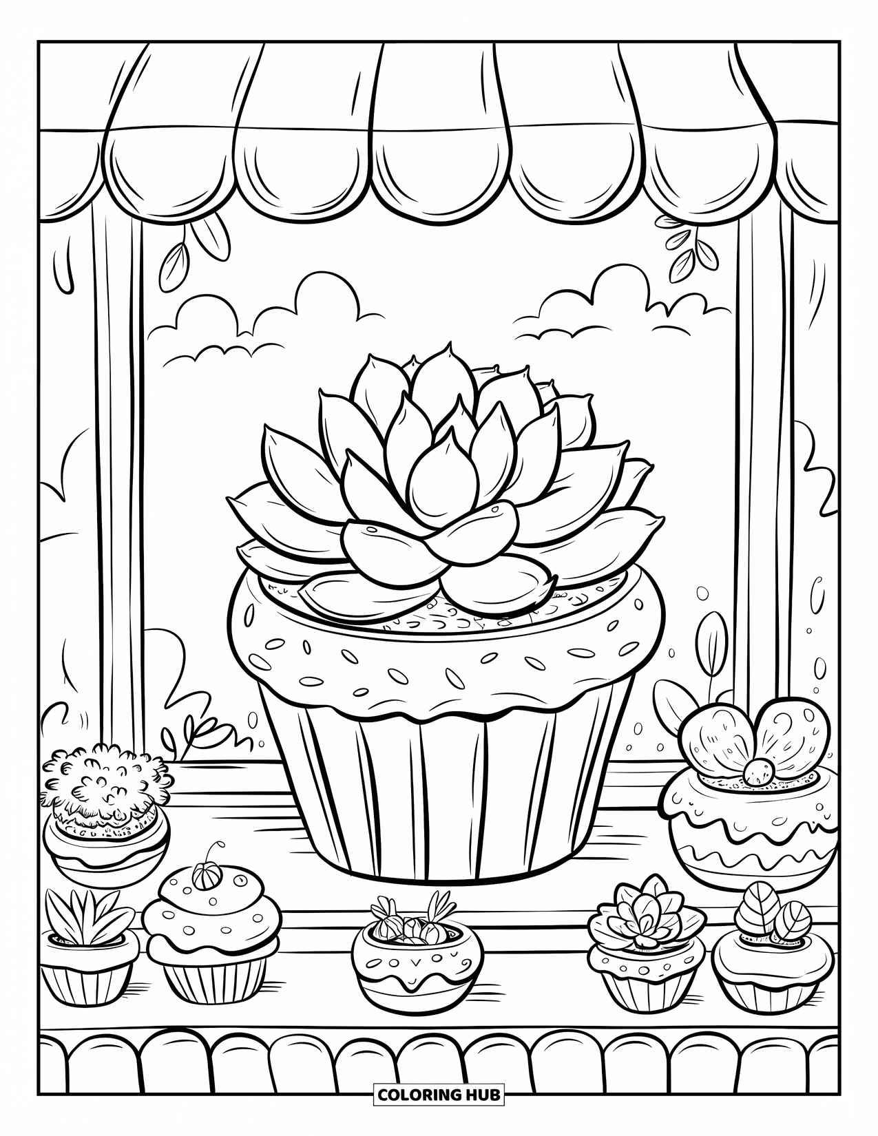 Desen de colorat cu suculente pentru adulți: O fereastră de brutărie cu suculente prezintă plante în ghivece în formă de gogoși, macarons și brioșe