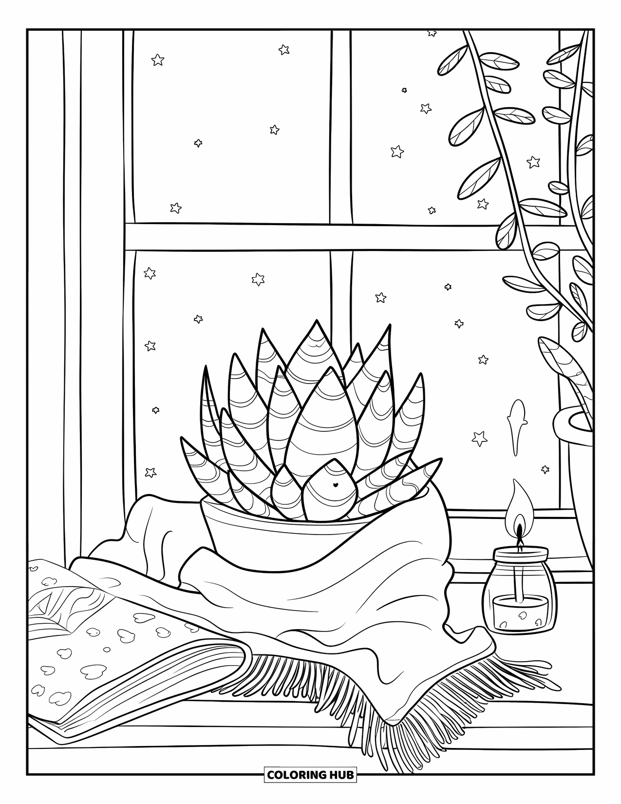 Desen de colorat cu suculente pentru adulți: O suculentă învelită confortabil într-o pătură stă lângă o lumânare și o carte deschisă