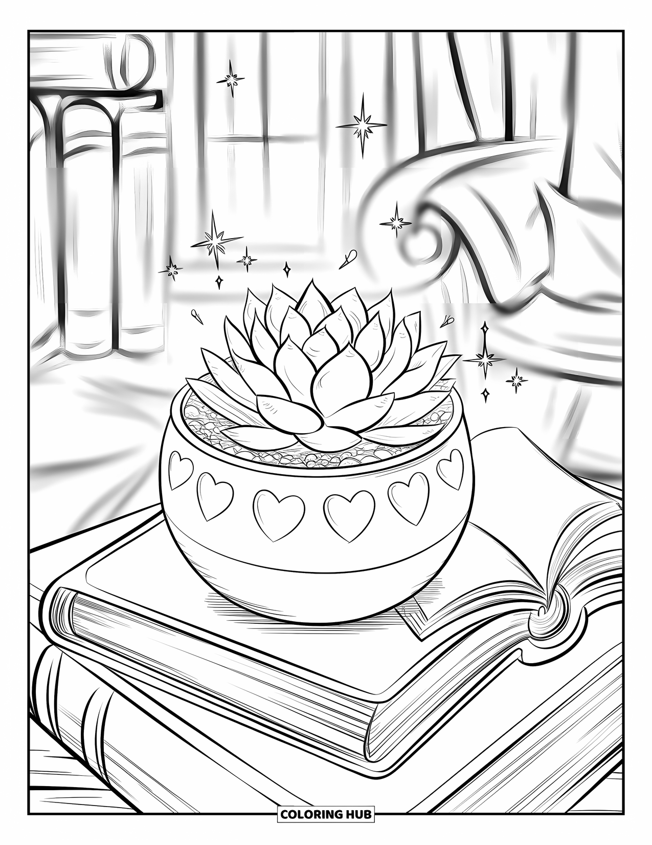Desen de colorat cu suculente pentru adulți: O suculentă într-un ghiveci gravat cu inimă stă lângă o carte deschisă cu sclipiri plutitoare