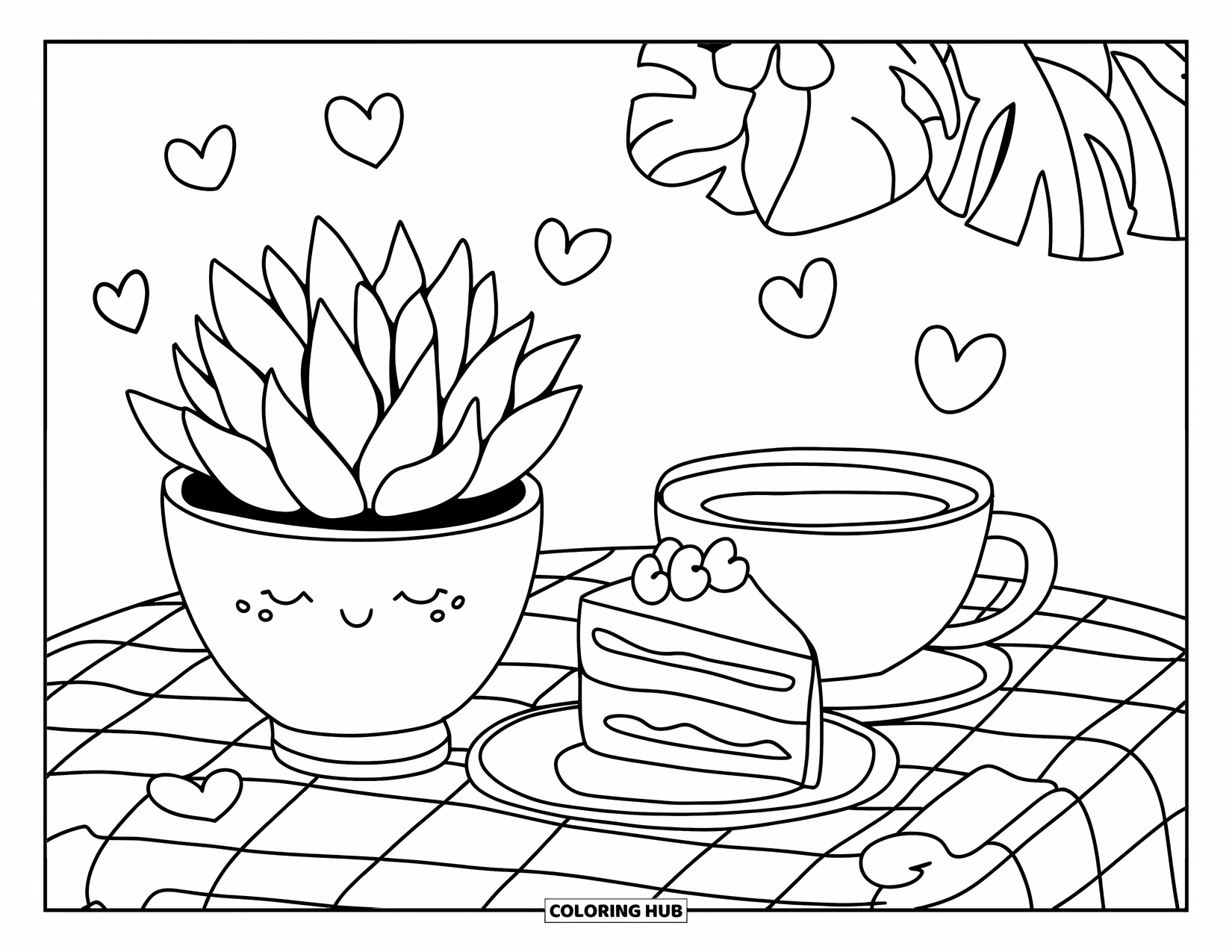 Desen de colorat cu suculente pentru adulți: O suculentă într-un ghiveci cu model stă lângă o felie de prăjitură și o ceașcă de ceai aburindă