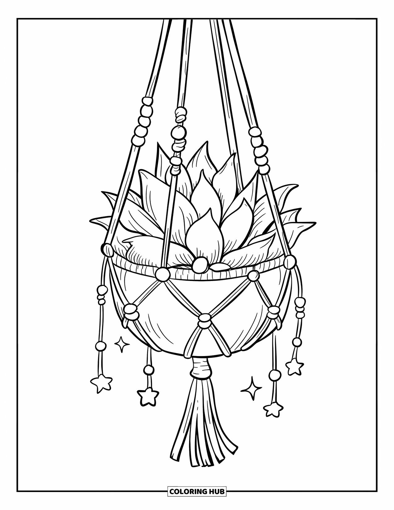 Desen de colorat cu suculente pentru adulți: O suculentă se odihnește liniștită într-un coș suspendat, împodobit cu mărgele atârnate și stele mici