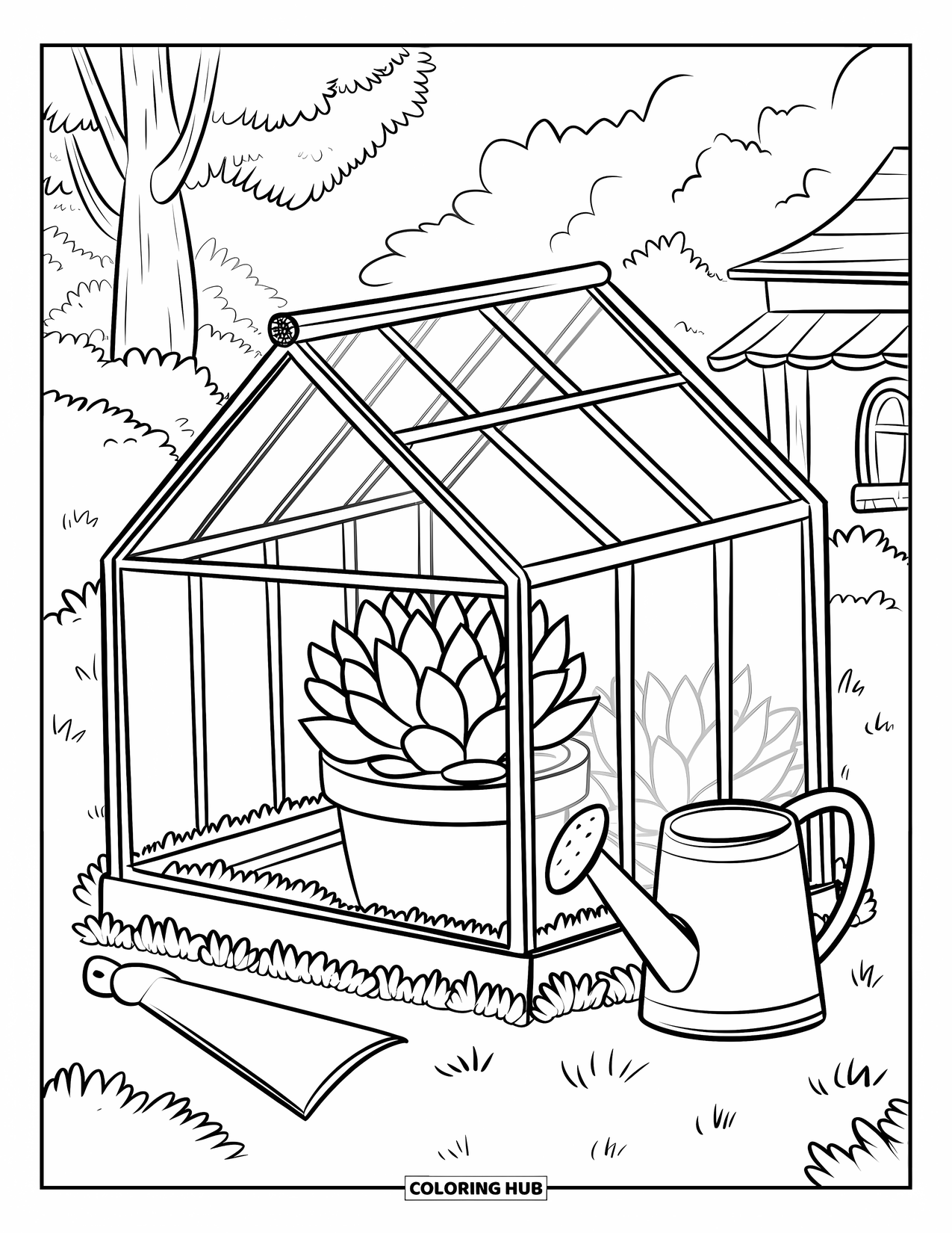 Desen de colorat cu suculente pentru adulți: O suculentă cu ochi strălucitori stă într-o seră, înconjurată de stropitori mici