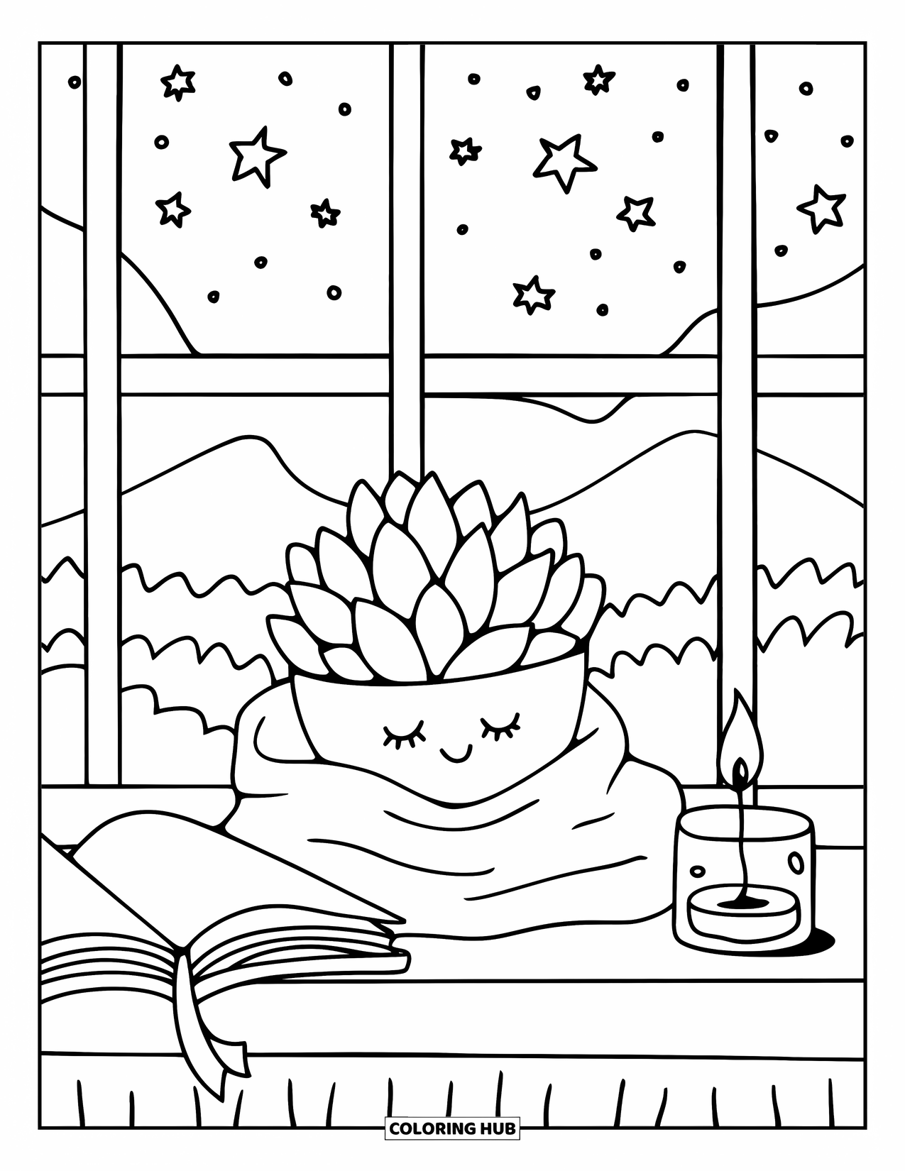 Desen de colorat cu suculente pentru adulți: O suculentă înfășurată într-o pătură se bucură de o noapte liniștită lângă o carte luminată de lumânare