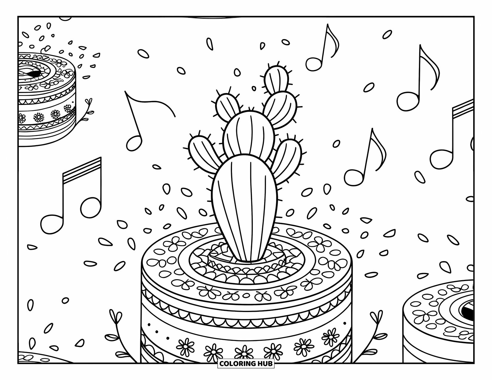 Desen de colorat cu suculente pentru adulți: Un cactus mic se învârte pe o cutie muzicală, umplând aerul cu melodii și petale plutitoare