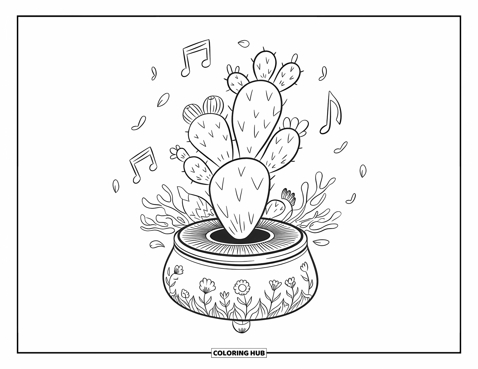 Desen de colorat cu suculente pentru adulți: Un cactus rotitor stă deasupra unei cutii muzicale decorative, înconjurat de petale plutitoare și note muzicale