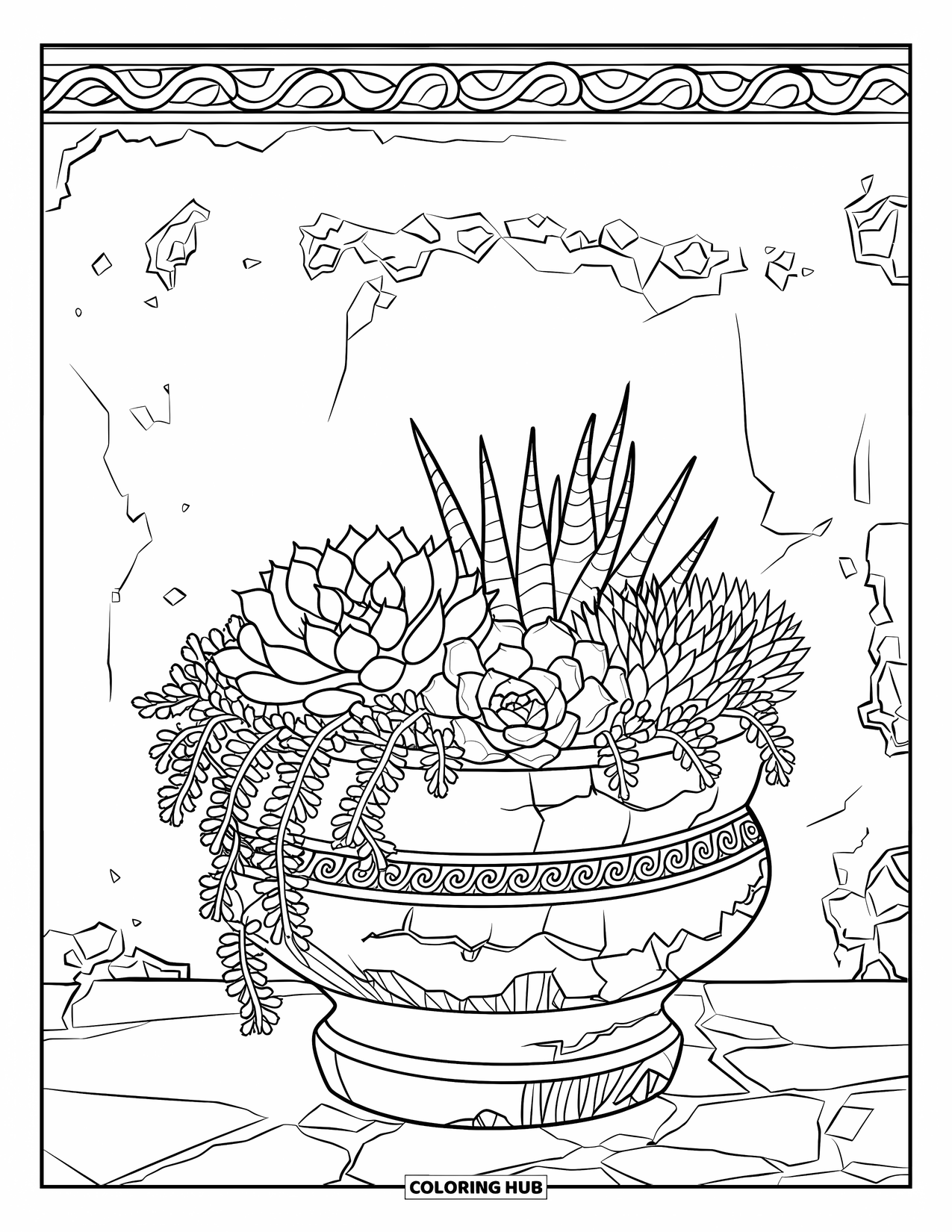 Desen de colorat cu suculente pentru adulți: Un ghiveci vechi cu suculente stă pe un perete texturat, cu sculpturi ornamentale complicate