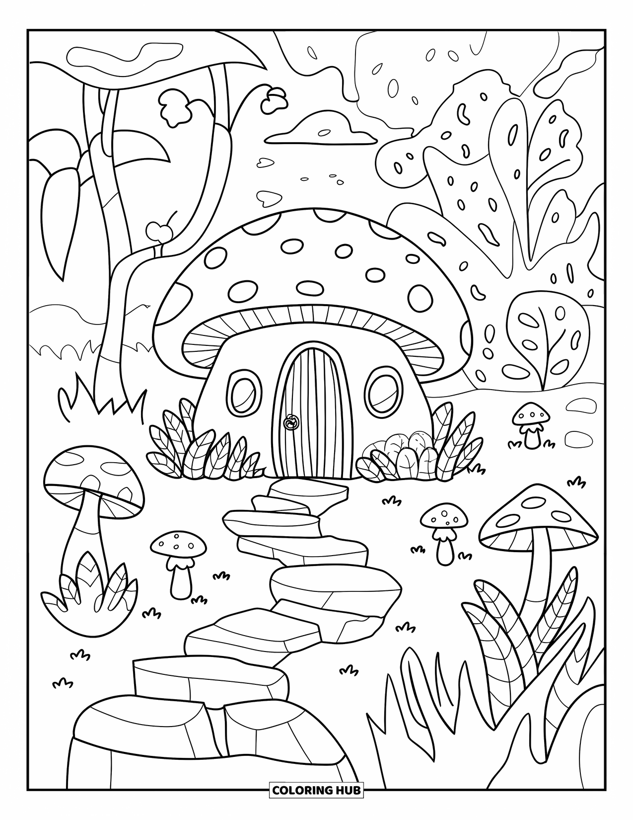 Desen de colorat cu suculente pentru adulți: O casă capricioasă cu suculente, cu o ușă de lemn și ferestre rotunde, se află într-o grădină de zâne