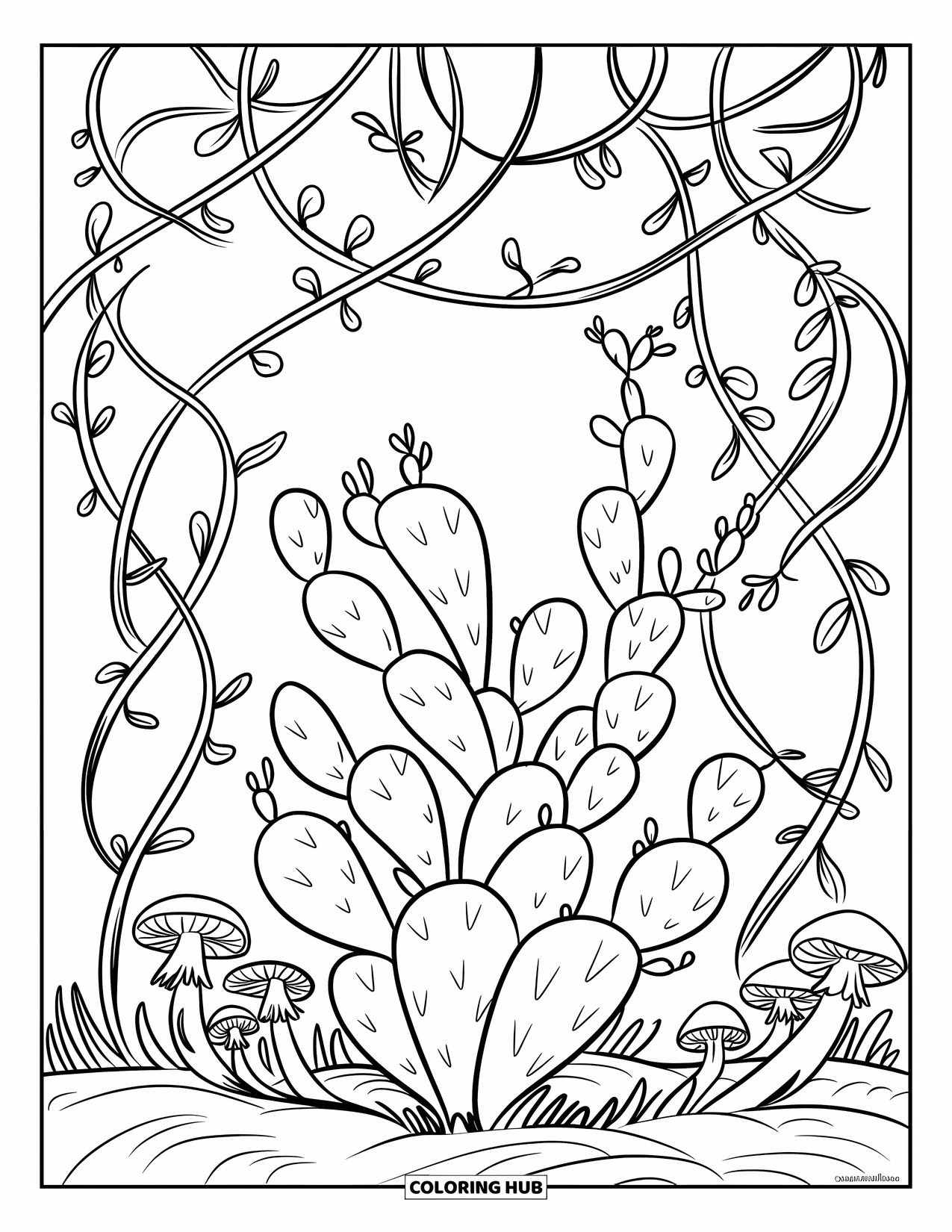 Desen de colorat cu suculente pentru copii: O suculentă asemănătoare unui cactus, cu vițe răsucite și ciuperci, crește într-un cadru mistic