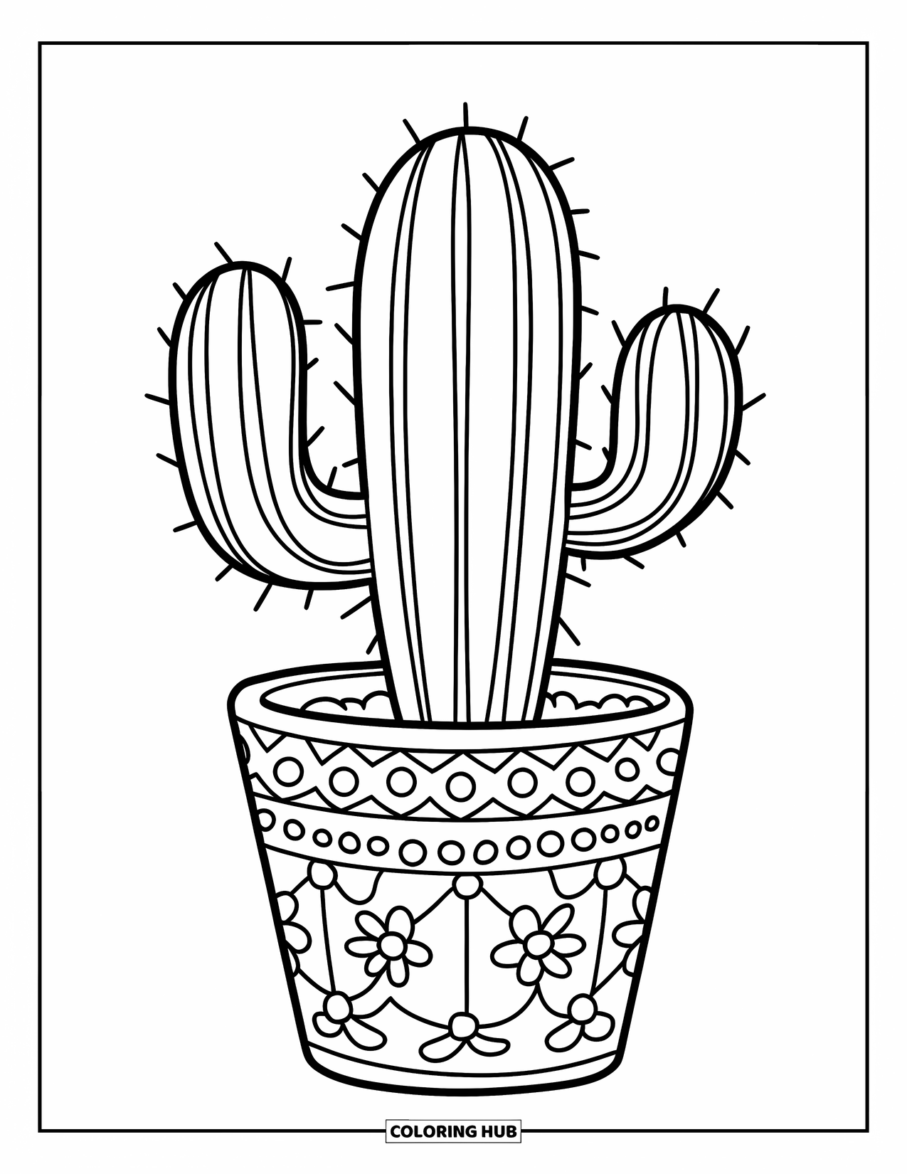 Desen de colorat cu suculente pentru copii: Un cactus cu trei brațe stă într-un ghiveci cu model floral