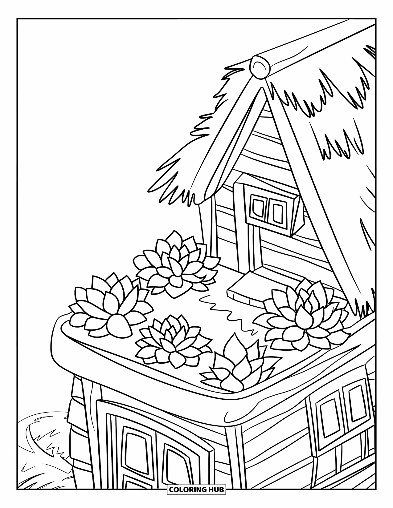 Desen de colorat cu suculente pentru copii: O casă fermecătoare cu o grădină pe acoperiș cu suculente se află pe un fundal de dealuri ondulate