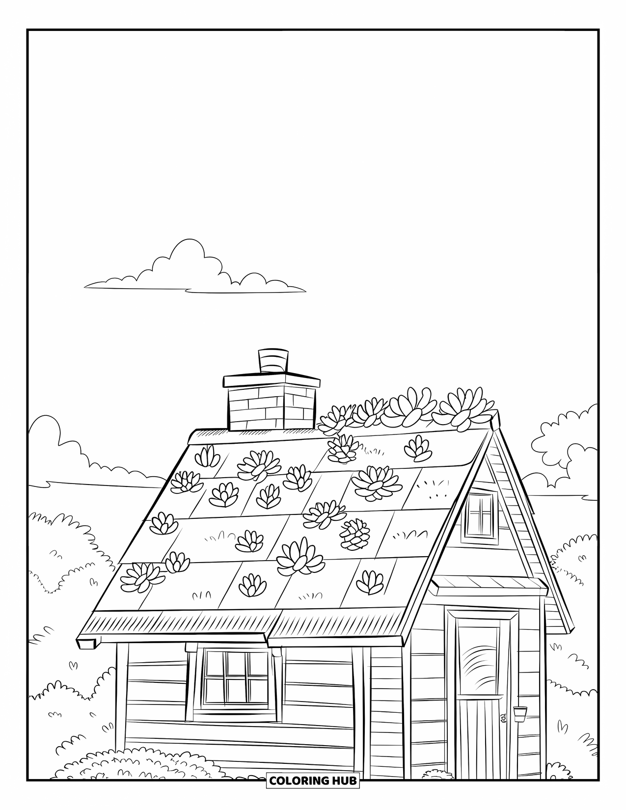 Desen de colorat cu suculente pentru copii: O casă confortabilă cu suculente pe acoperiș este așezată printre nori moi