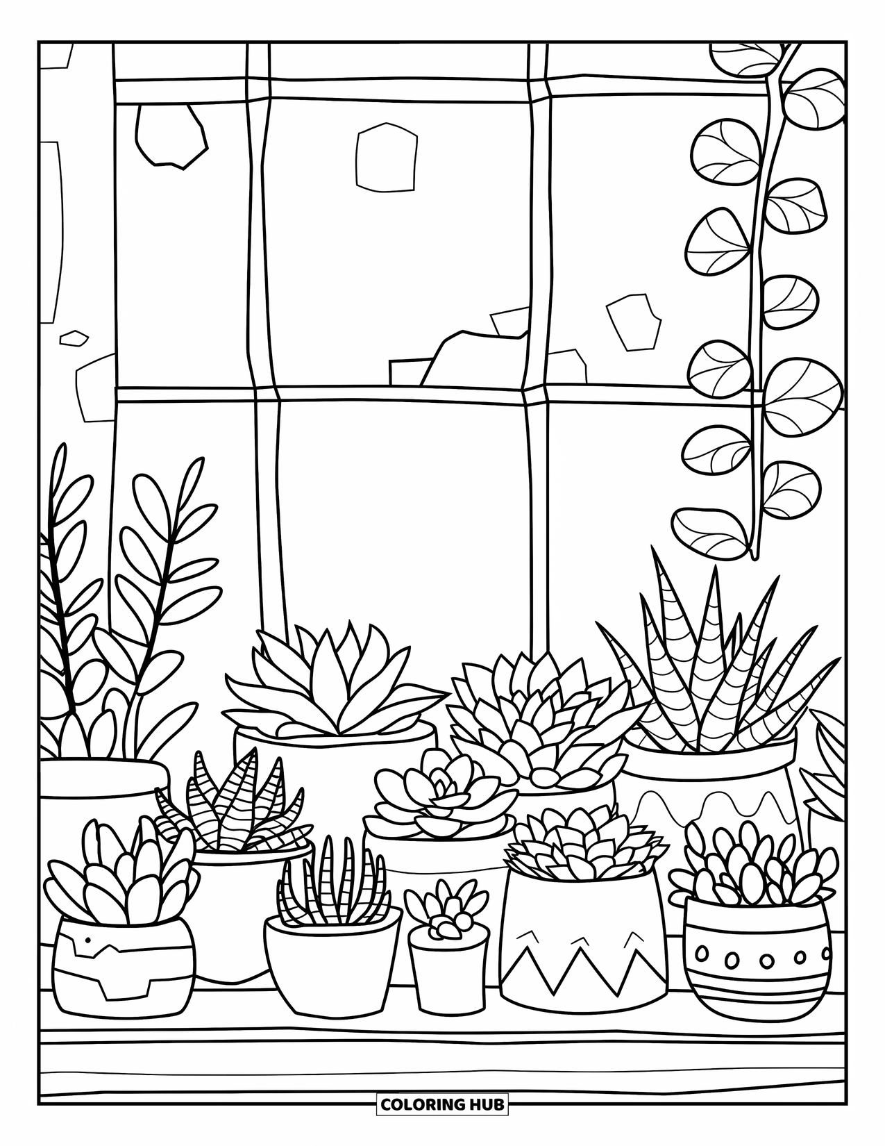 Desen de colorat cu suculente pentru copii: Un raft confortabil pe un perete de cărămidă expune suculente în ghivece de ceramică, lemn și metal