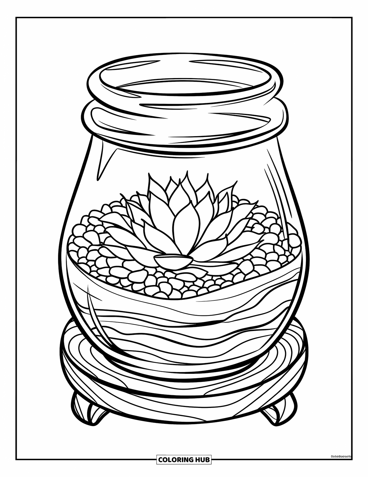 Desen de colorat cu suculente pentru copii: O suculentă delicată într-un borcan de sticlă cu straturi de pământ stă pe o placă de lemn