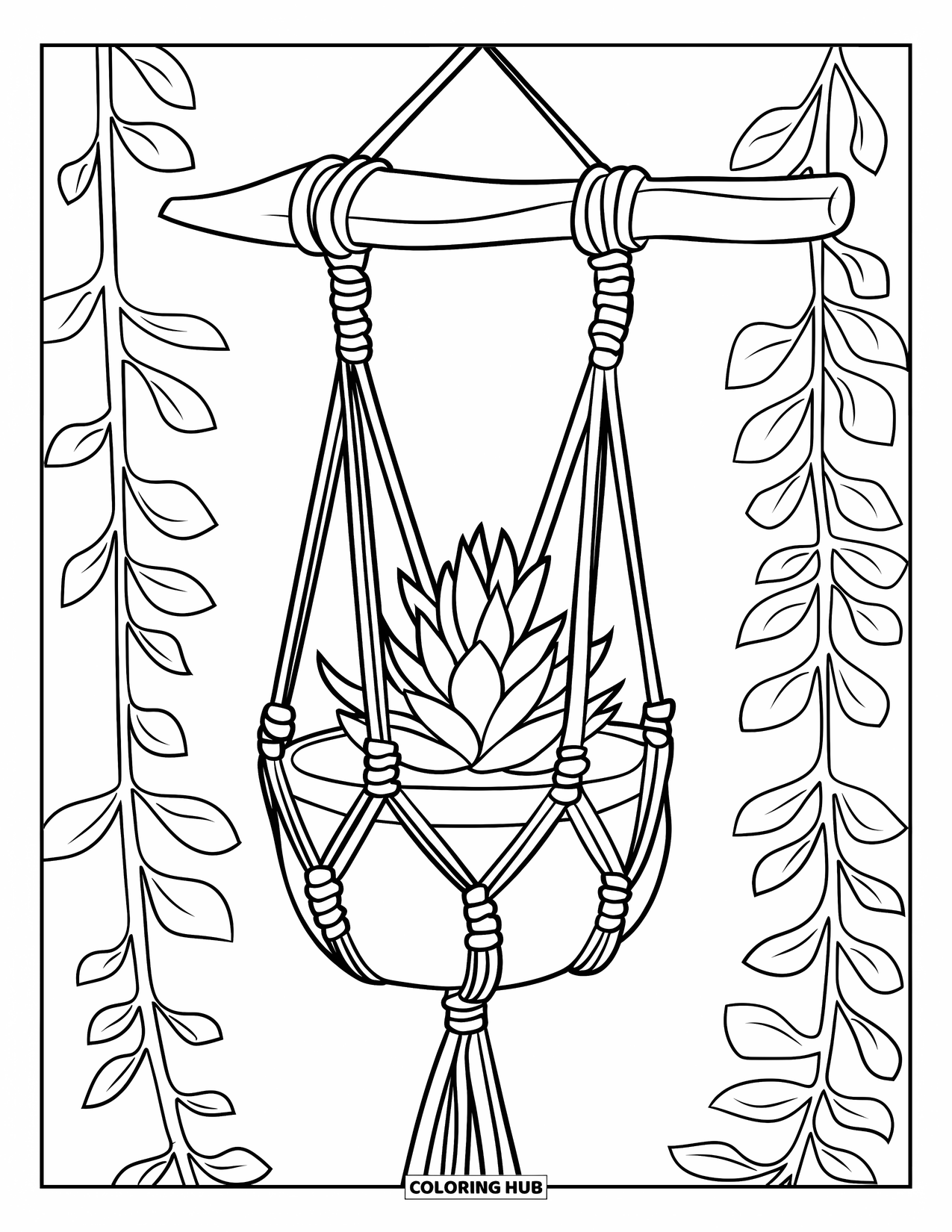 Desen de colorat cu suculente pentru copii: Un ghiveci macramé delicat înnodat suspendă o suculentă, adăugând un farmec natural