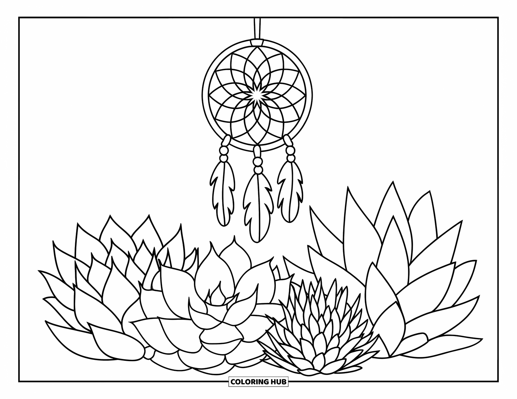 Desen de colorat cu suculente pentru copii: Un prinzător de vise cu pene și mărgele atârnă deasupra unui aranjament vibrant de suculente