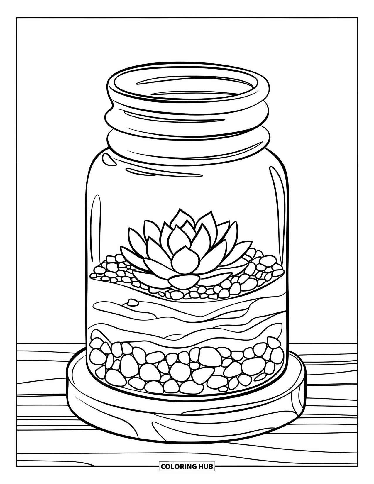 Desen de colorat cu suculente pentru copii: Un borcan de sticlă umplut cu pământ stratificat și pietricele ține o suculentă mică