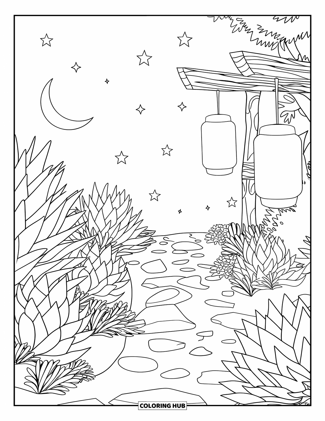 Desen de colorat cu suculente pentru copii: O potecă luminată de lună, mărginită de suculente, duce la felinare strălucitoare sub un cer înstelat