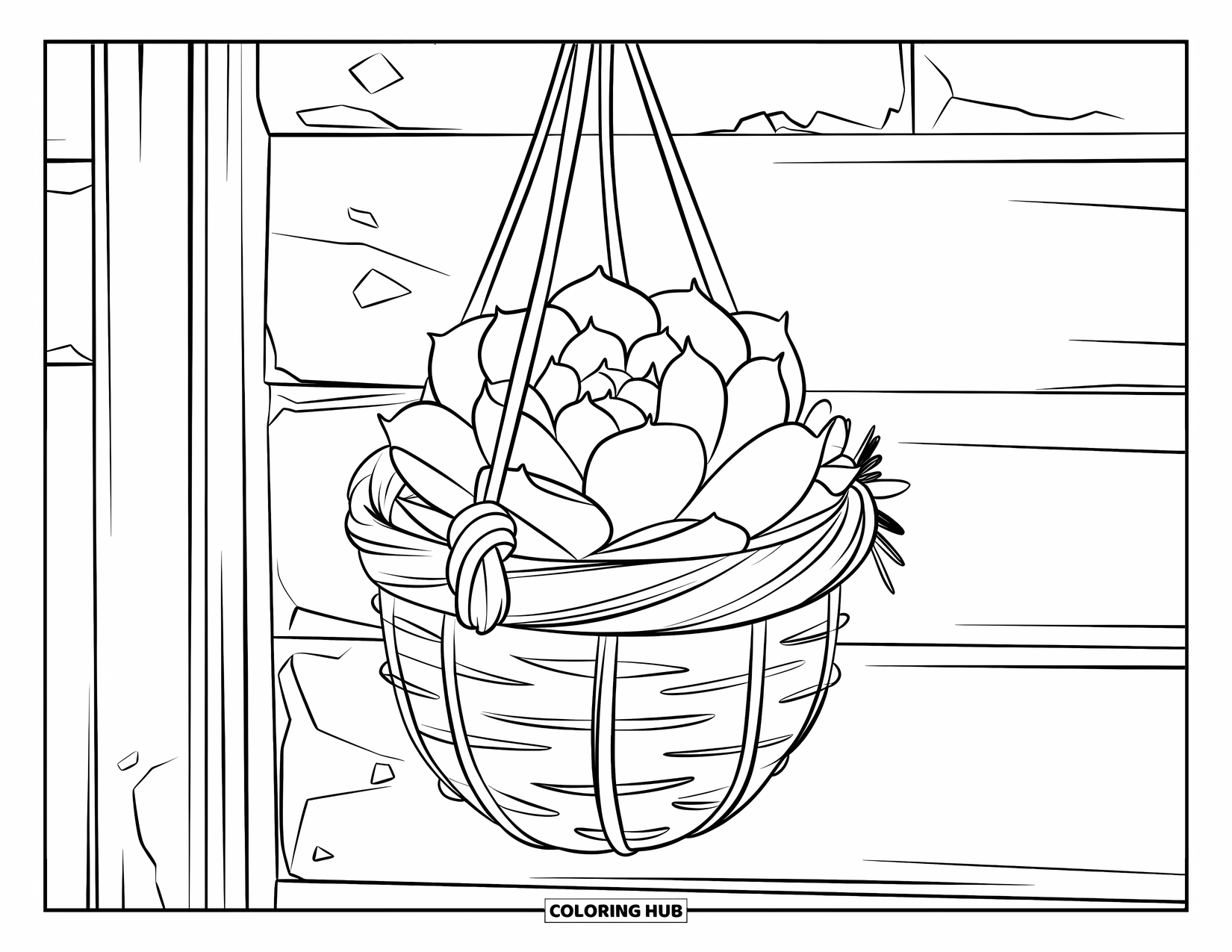 Desen de colorat cu suculente pentru copii: Un coș din fibre naturale cu margini uzate ține o suculentă pe un fundal simplu