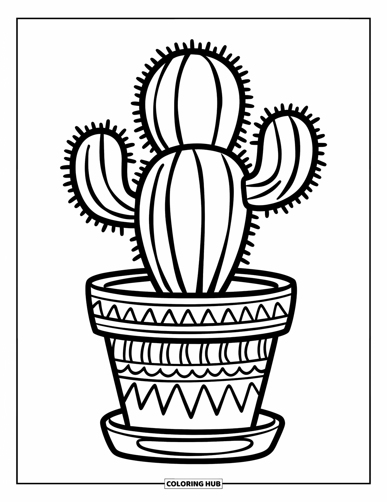 Desen de colorat cu suculente pentru copii: Un cactus jucăuș cu țepi groși se află într-un ghiveci cu modele în dungi