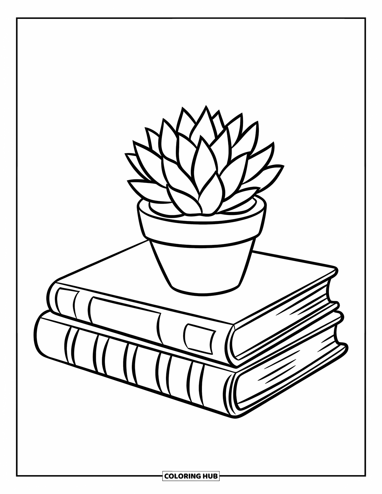 Desen de colorat cu suculente pentru copii: O suculentă în ghiveci stă deasupra unei stive de cărți într-un cadru liniștit