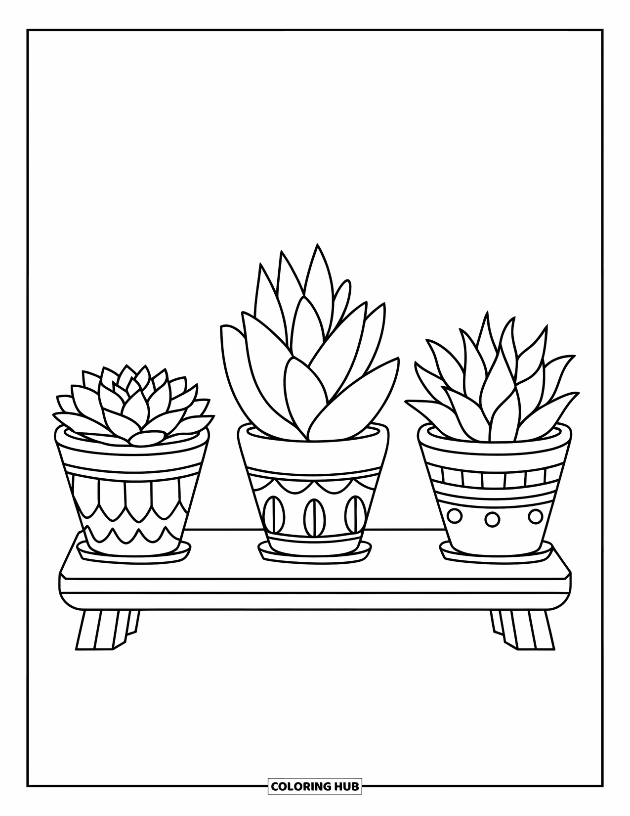 Desen de colorat cu suculente pentru copii: Un rând de suculente în ghivece simple se sprijină pe o suprafață netedă de lemn