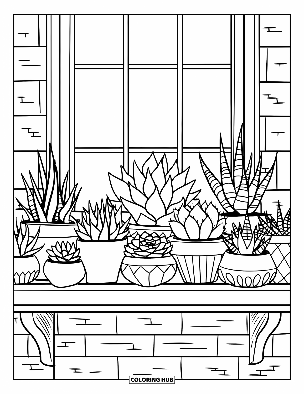Desen de colorat cu suculente pentru copii: Un raft rustic cu suculente asortate se sprijină pe un perete de cărămidă cu o fereastră
